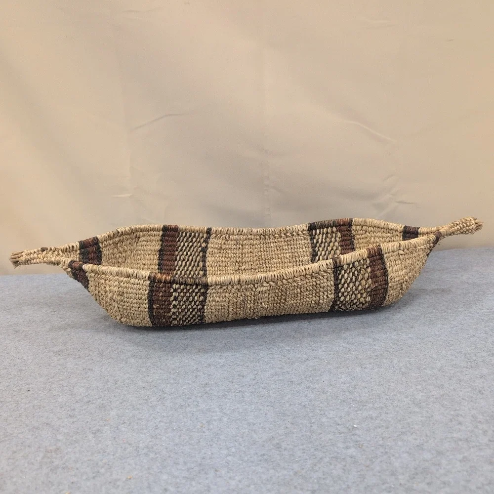 Ethiopian Handwoven Basket Boat Shaped Natural Fiber Striped Brown Tan